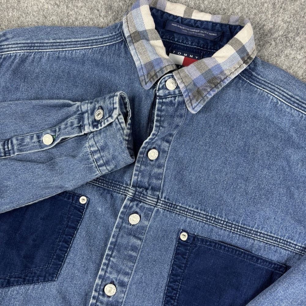 Vintage Tommy Hilfiger Denim Shirt Mens Small Blue Button Up Flag‎ Logo Y2K